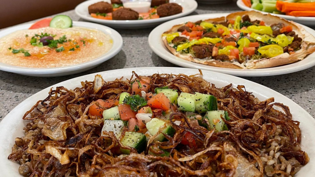 Close up view of mujadara, a vegan dish at a Lebanese restaurant in Cleveland