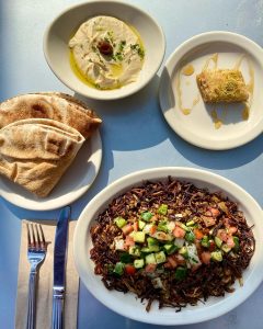 hummus, baklava, mujadara