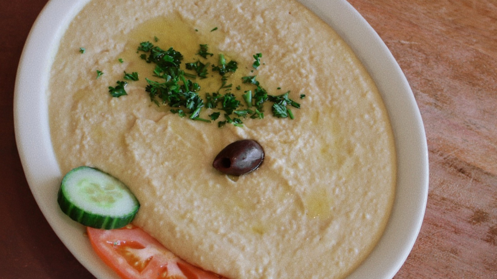 a bowl of hummus with vegetables